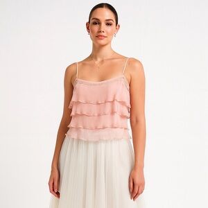 Vintage Silk Cami Pink Beaded Lace Trim Ruffle Fairy Coquette Top WDNY 16